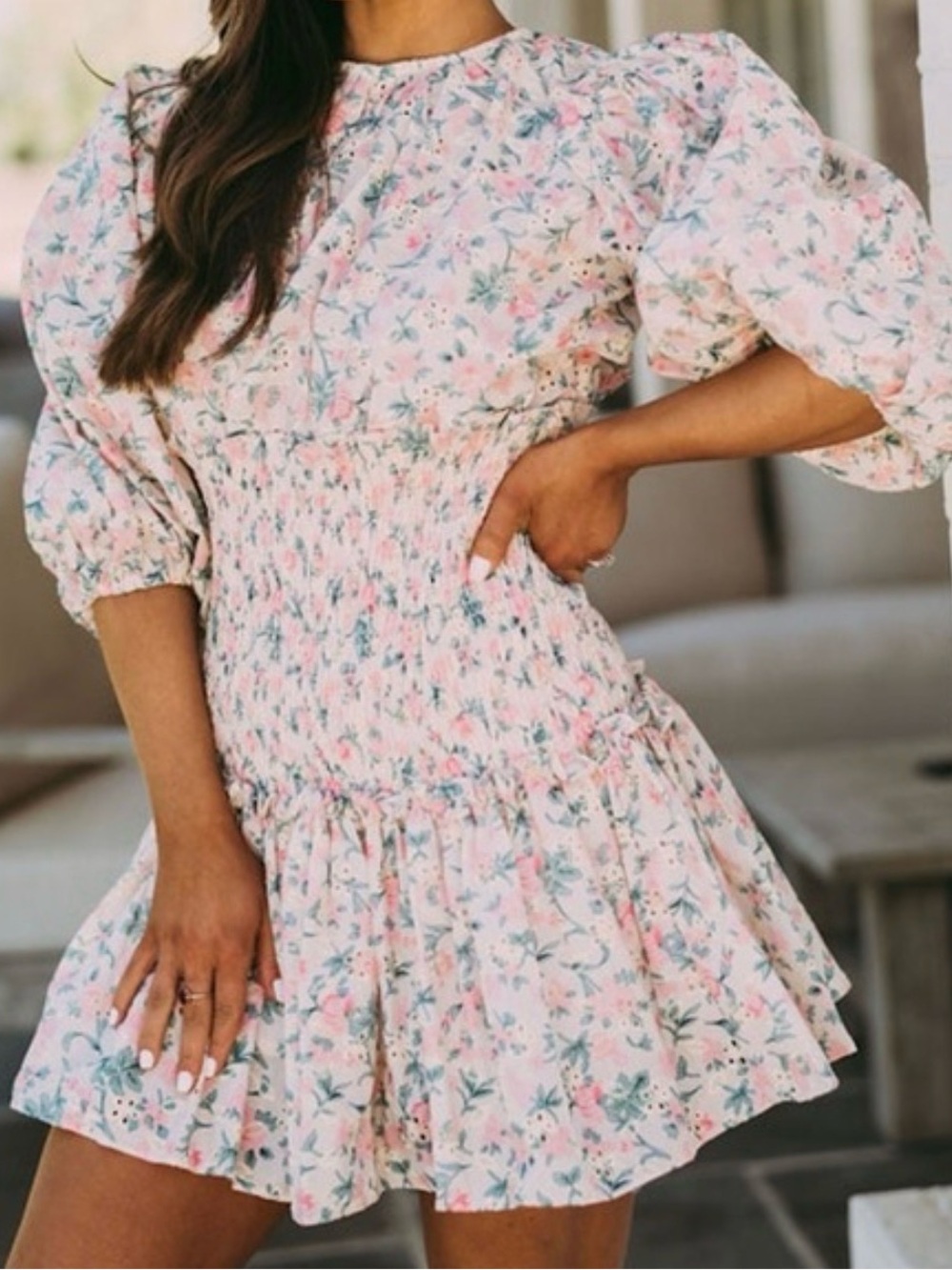 MARBLE Pink Floral Puff-Sleeve Smocked Dress
